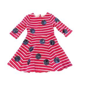 Mini Boden Girls Red White Striped Dress Sequin Polka Dots Long Sleeve 4-5 year
